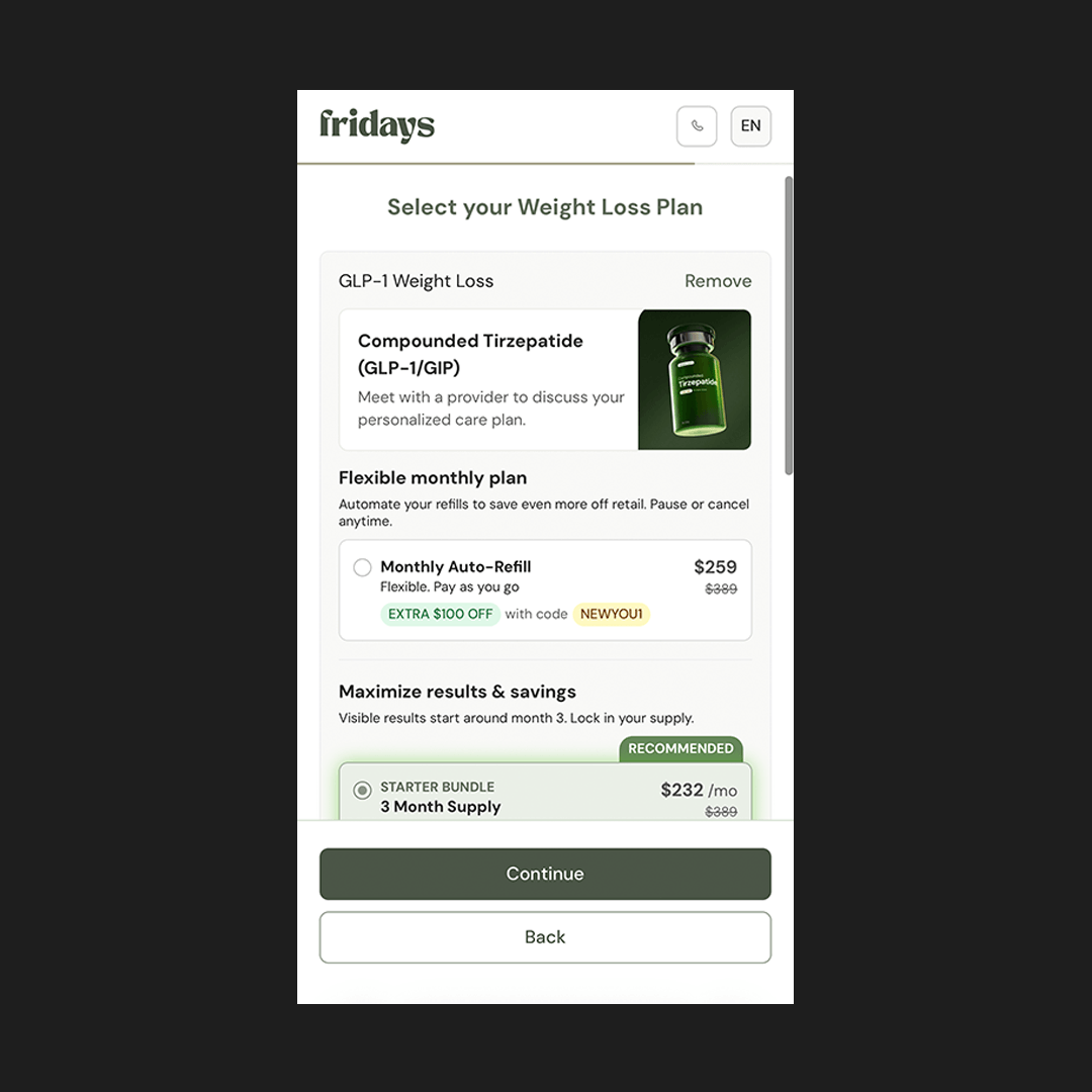 Fridays app plan selection for compounded tirzepatide showing a $259 monthly auto-refill and a $232 three-month starter bundle