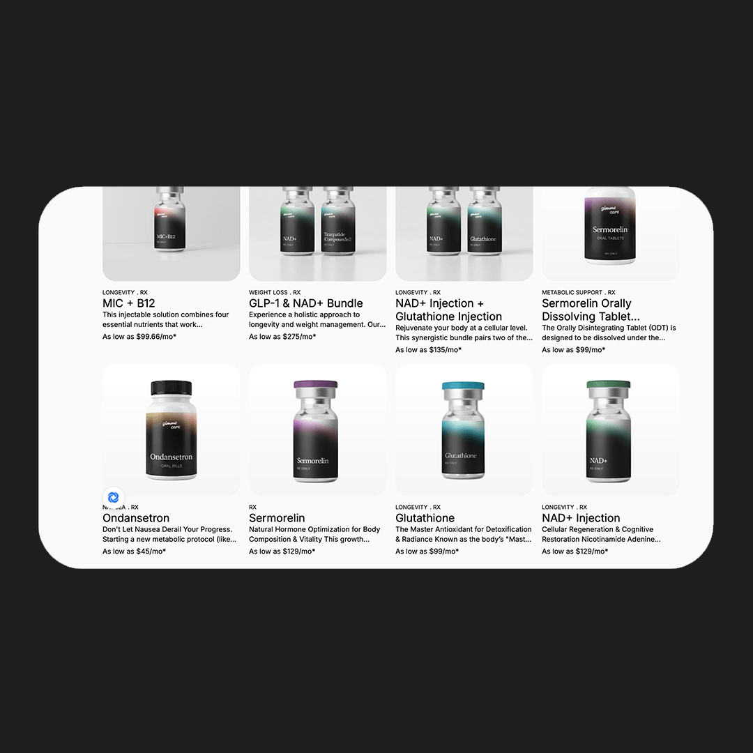 Gimme Care shop page with add-ons including MIC+B12, NAD+, glutathione, sermorelin, and ondansetron priced per month