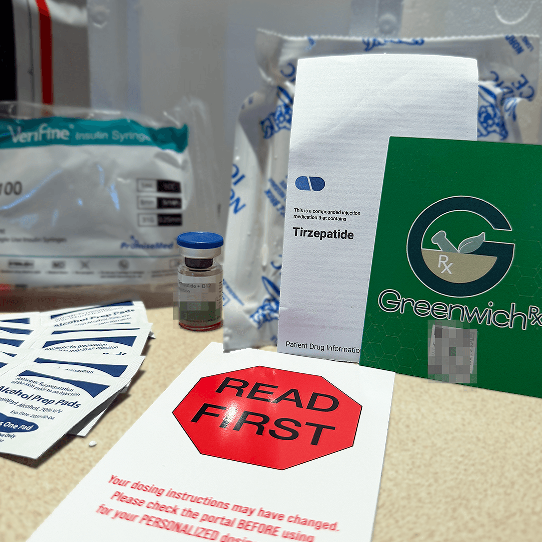 Greenwich Rx pharmacy card, tirzepatide patient leaflet, and red READ FIRST dosing insert from the Gimme Care shipment