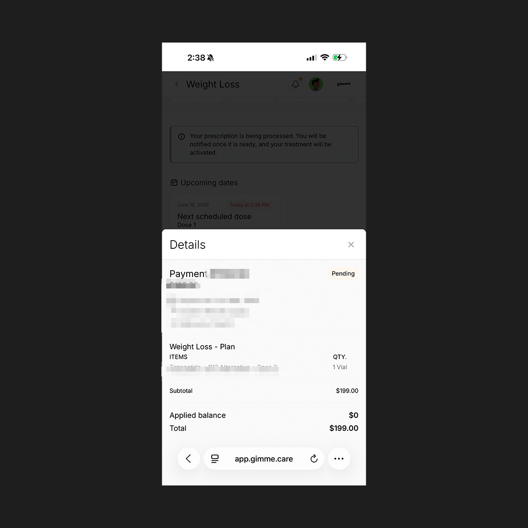 Gimme Care checkout details in the app showing a $199.00 total for the one-month compounded tirzepatide weight loss plan
