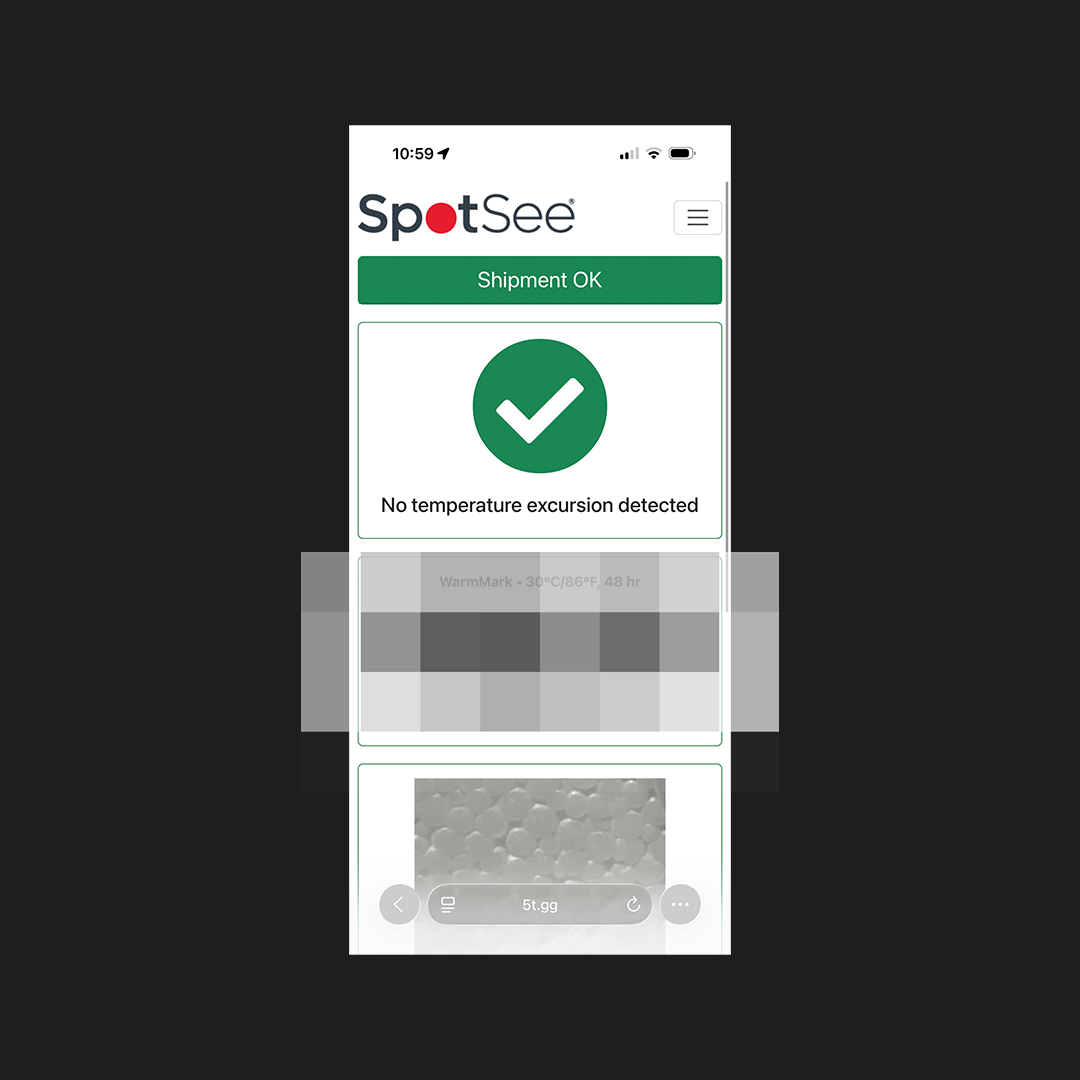 SpotSee WarmMark scan result on a phone reading Shipment OK with no temperature excursion detected for the delivery