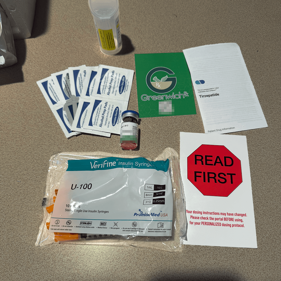 Full contents of the Gimme Care box: tirzepatide with B12 vial, insulin syringes, alcohol prep pads, and dosing inserts