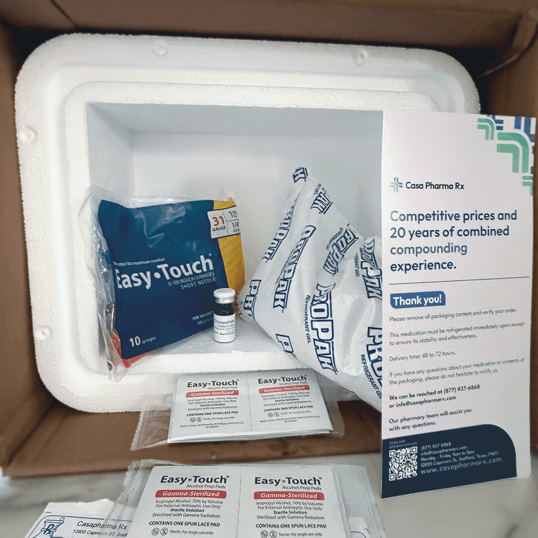 TrimRX dispensing label and syringes in the box, patient name redacted