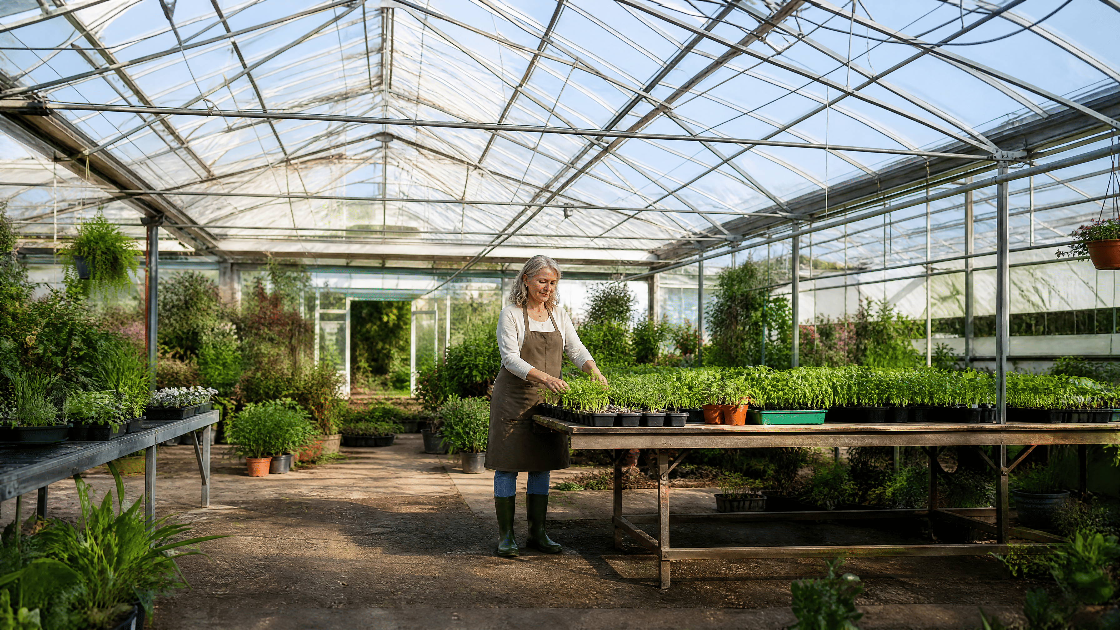 woman in her 50s stands at a sunlit community greenhouse table